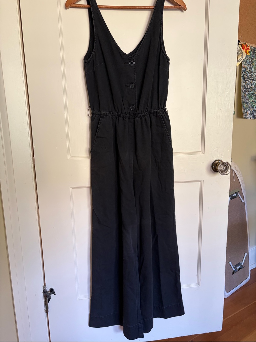 Black Button-Front Sleeveless Jumpsuit with Elastic Waist